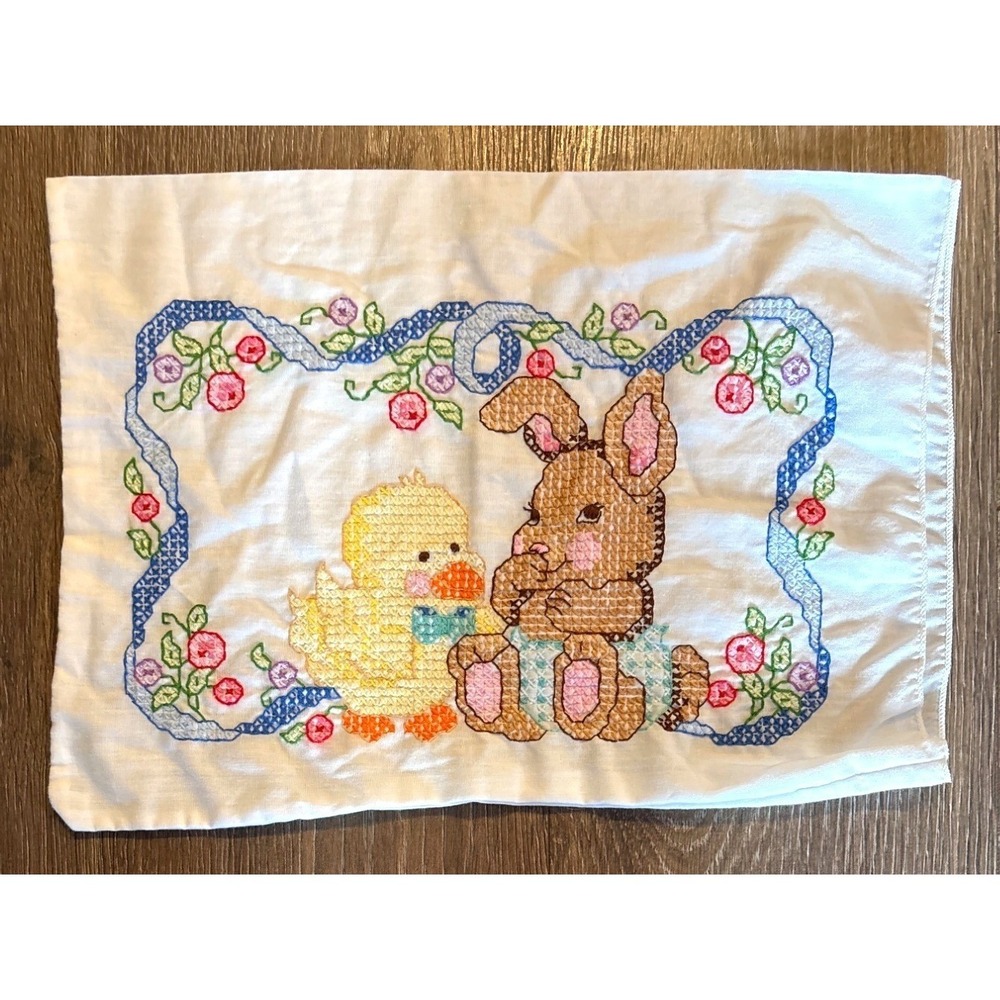Vintage Hand-Embroidered Duck &‎ Bunny Pillowcase 12x16"